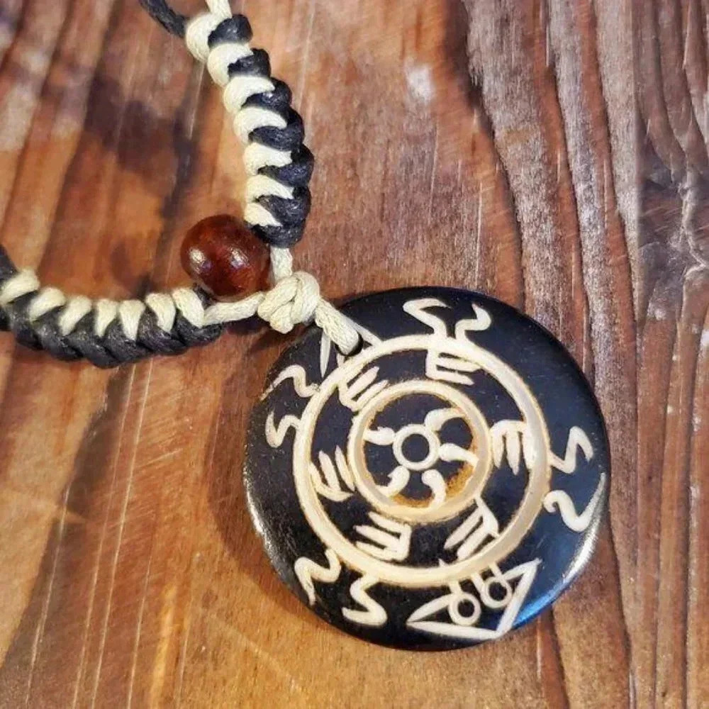 Tribal Bone Carved Symbols Necklace from India